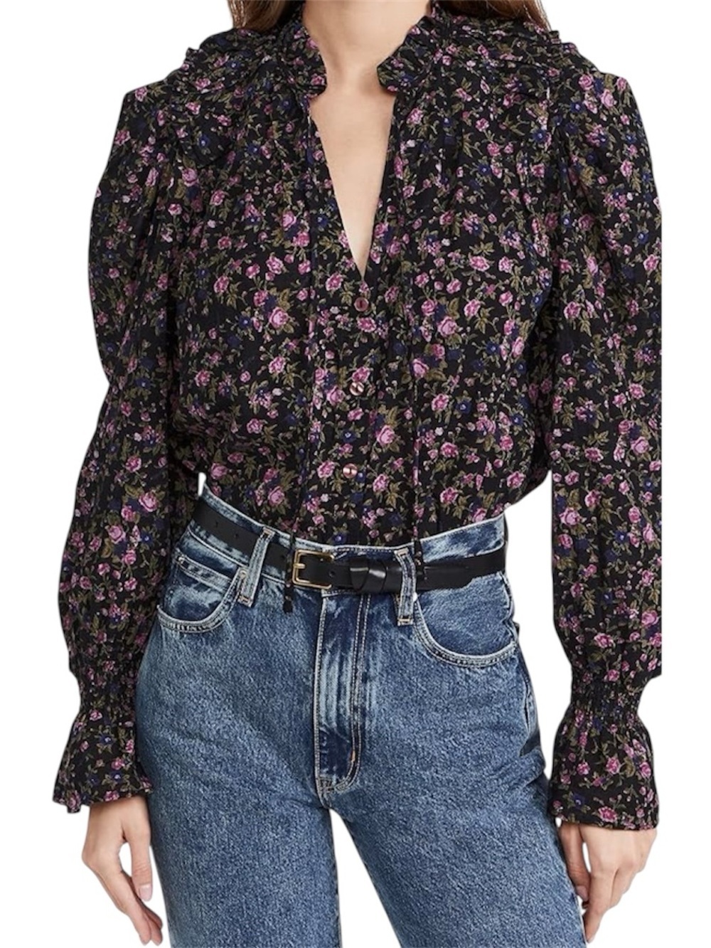 Free People Meant To Be Blouse Size L Black Floral Long Puff Sleeves Button Down - Picture 1 of 7
